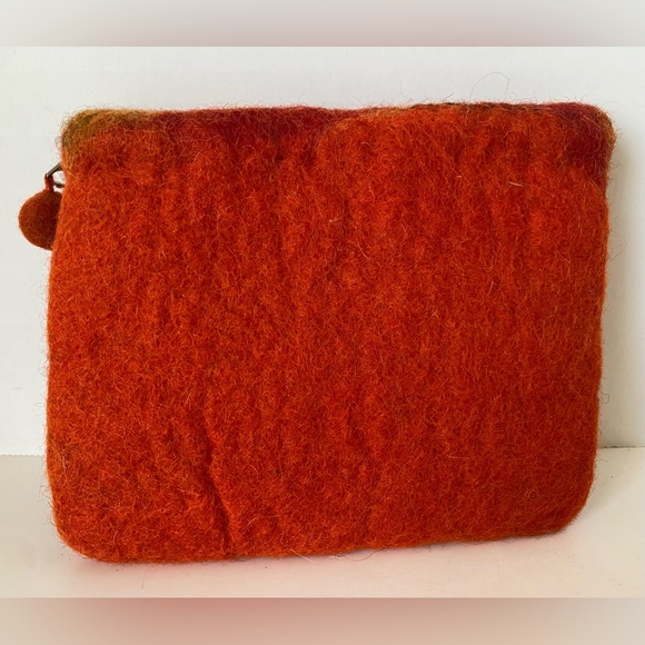 Zip Pouch Felted Boiled 100%Wool Clutch Bag Cosmetic Handmade Orange Leaf Motif - Picture 3 of 9